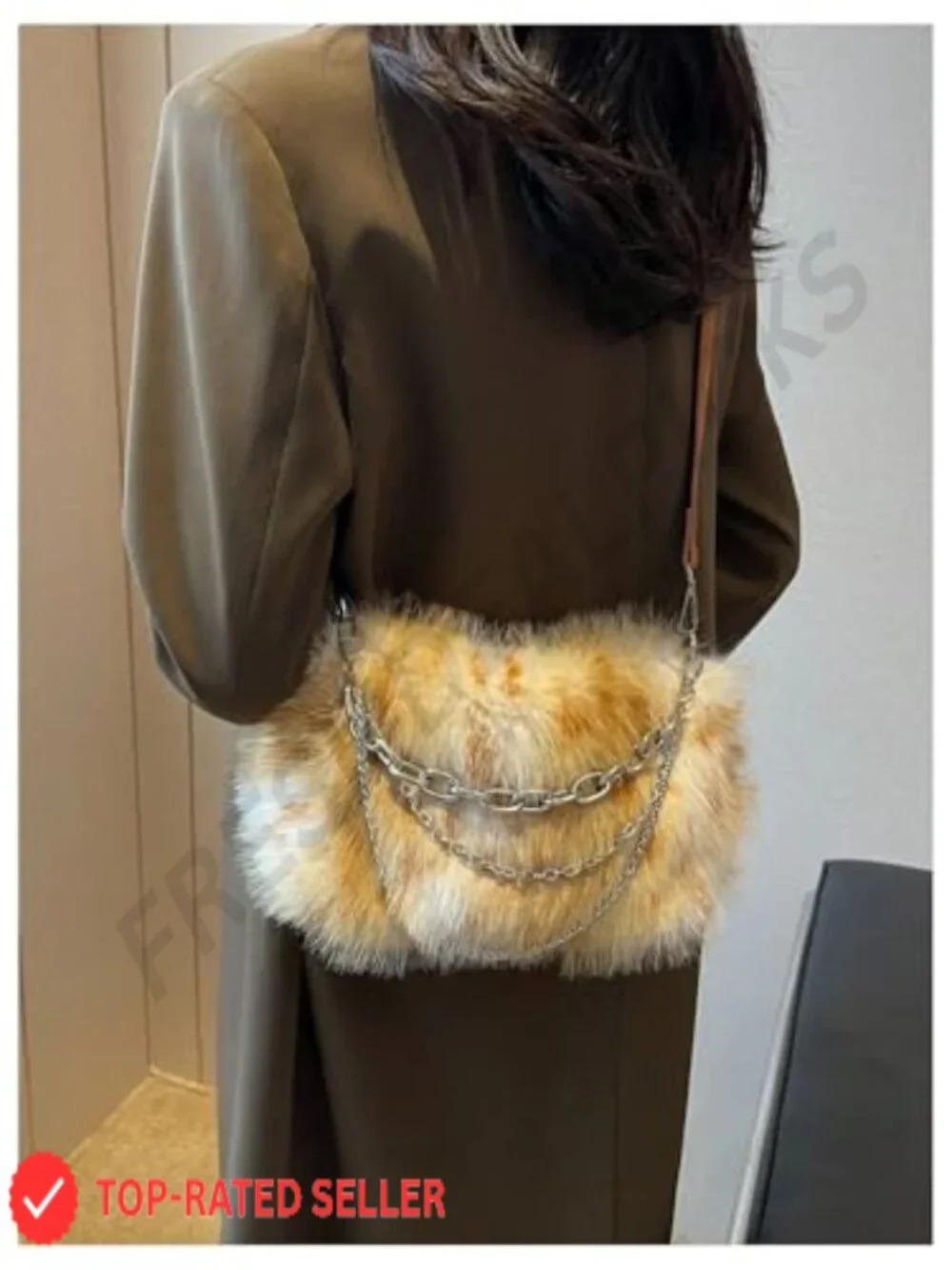 Faux Fur Shoulder Handbag Fuzzy Plush Top Handle Square Bag